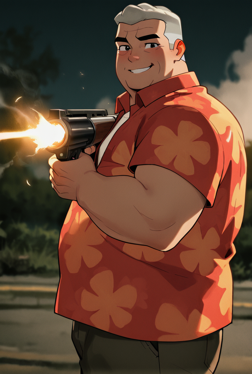 23557-3680248610-_lora_max-05_1_ max, collared red shirt, grey hair, 1boy, short hair, short sleeves, hawaiian shirt, floral print, looking at vi.png
